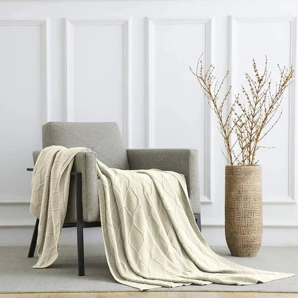 Luxury Cotton Knitted Cable Throw Blanket Cream - Picture 4 of 7